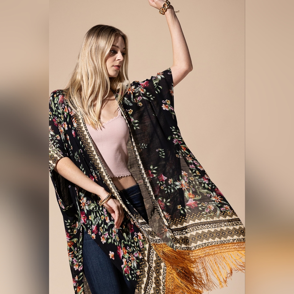 Bohemian Floral Print Kimono / Duster - Fine Golden Fringe Tassels - Side Slits - Picture 8 of 14